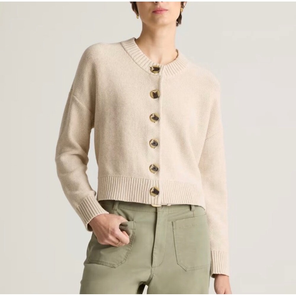 Quince Organic Cotton Cropped Cardigan Cement Marl Button Front S minimalist